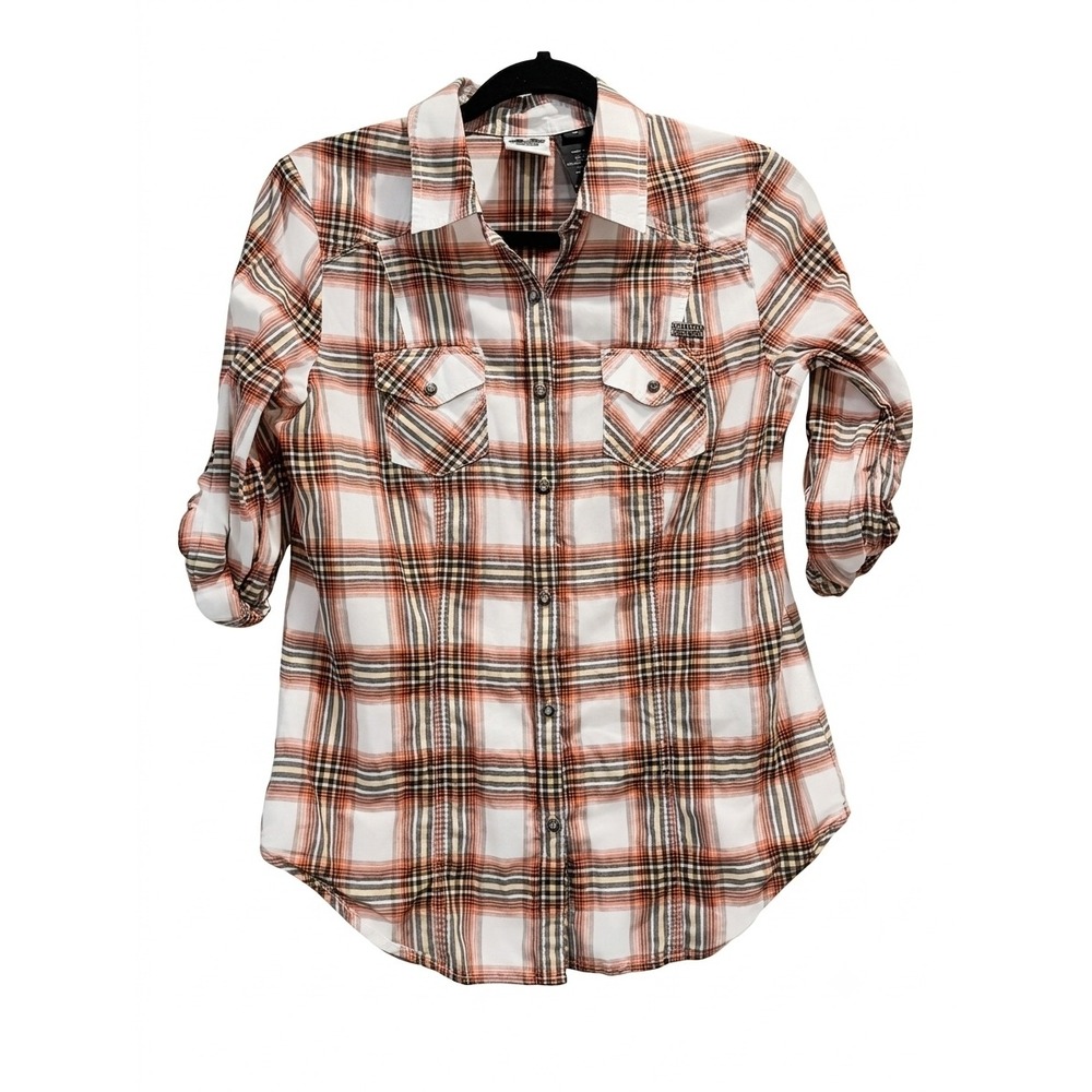 Harley-Davidson Womens Plaid Roll Tab Sleeve Button Up Shirt Orange Black Medium